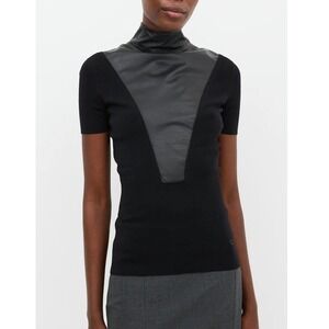 Gucci Short Sleeve Mock Neck Leather Wool Knit Top Blouse Black Women's Size M